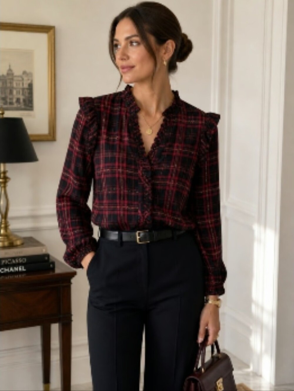 EVEREVE Charlotte Plaid Ruffle Button Down Blouse Red Black Gold Small